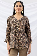Brown Printed Viscose Twill Top with V Neck & 3/4 Sleeves