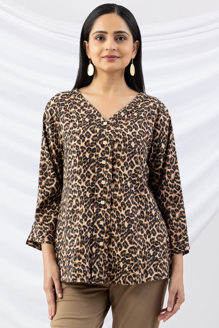 Brown Printed Viscose Twill Top with V Neck &amp; 3/4 Sleeves