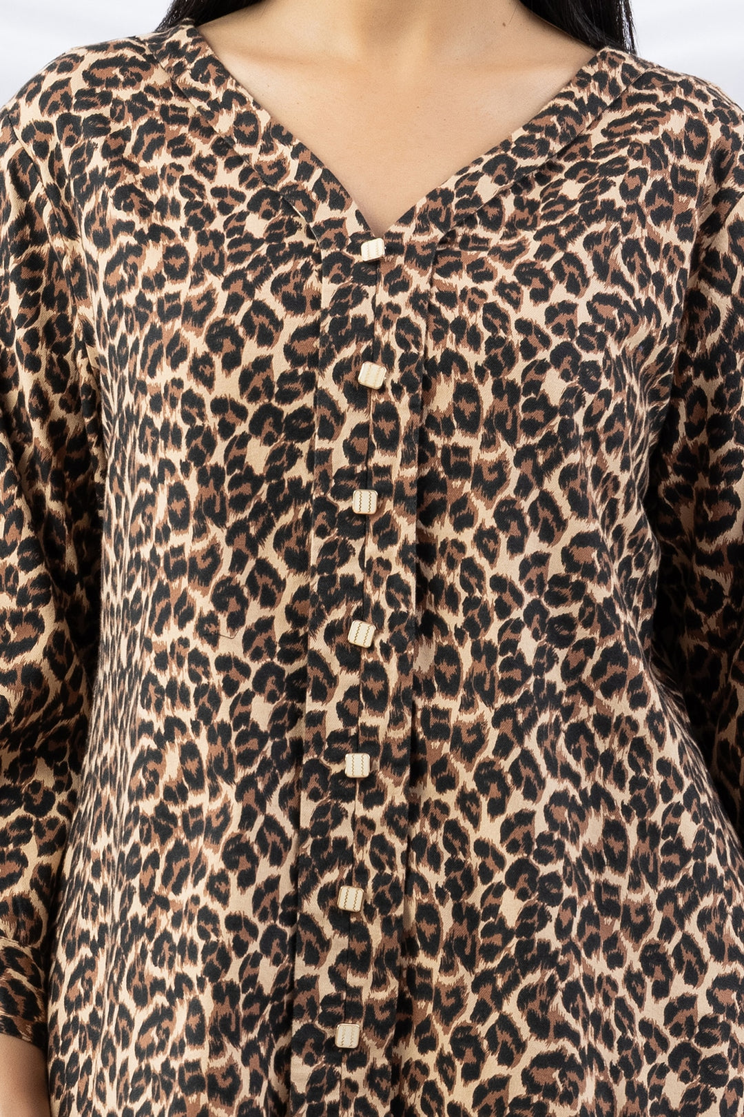Brown Printed Viscose Twill Top with V Neck &amp; 3/4 Sleeves