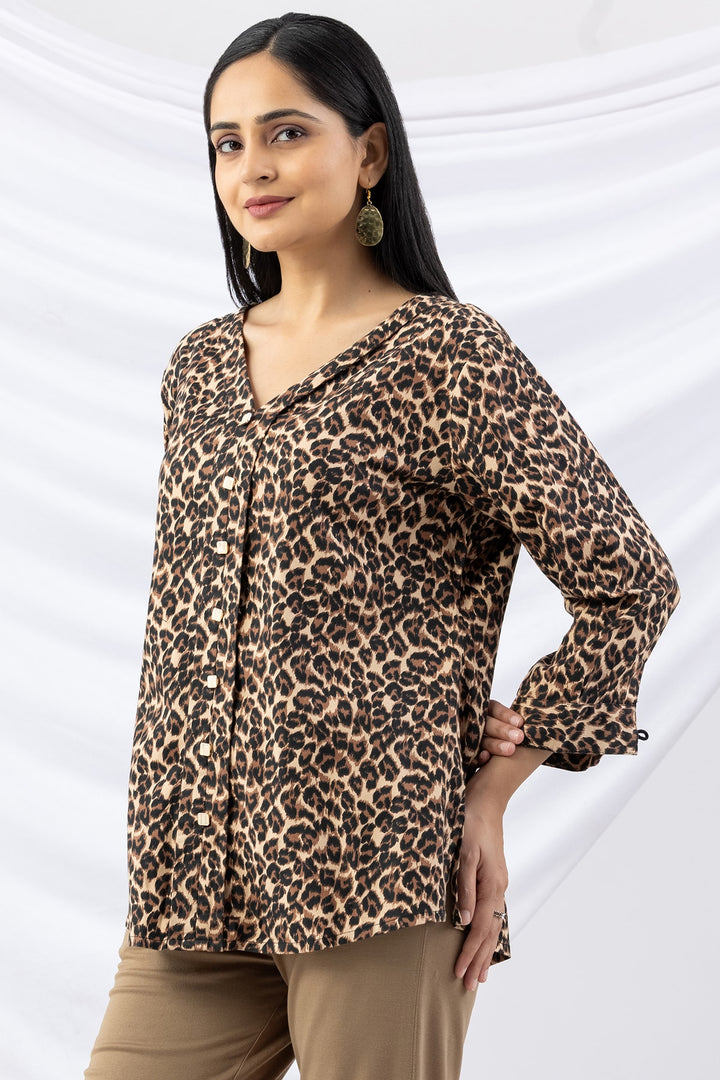 Brown Printed Viscose Twill Top with V Neck &amp; 3/4 Sleeves