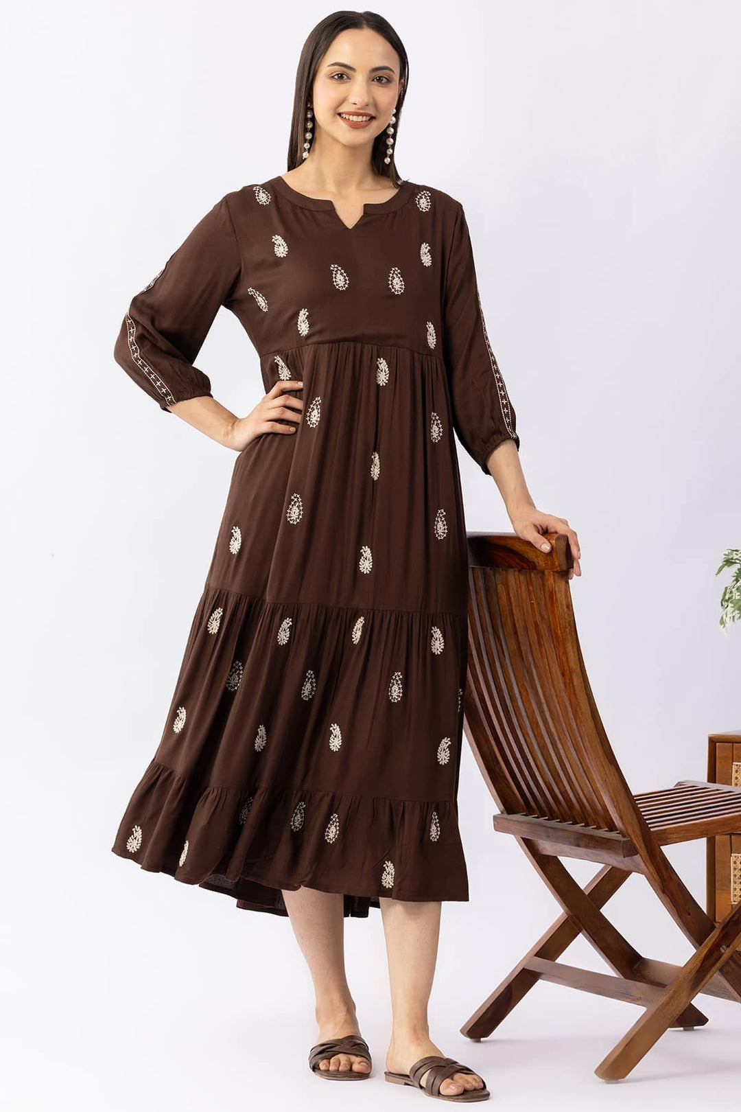 Embroidered Brown Moss Viscose Dress with Mandarin Collar &amp; 3/4 Sleeves