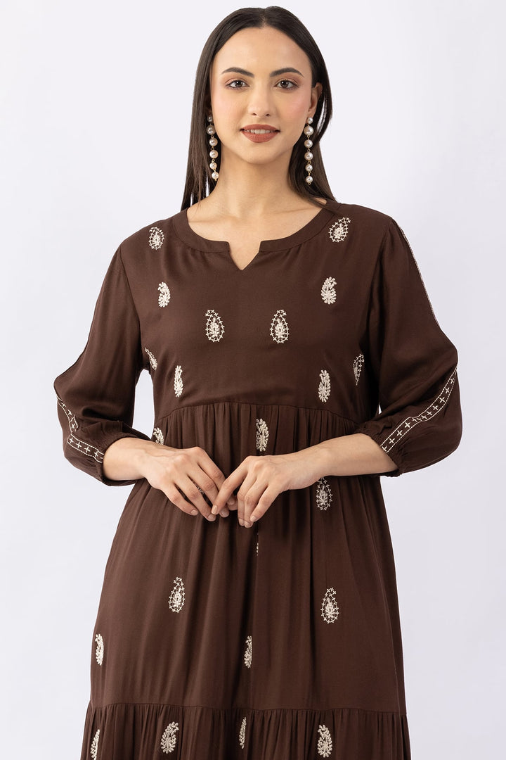 Embroidered Brown Moss Viscose Dress with Mandarin Collar &amp; 3/4 Sleeves