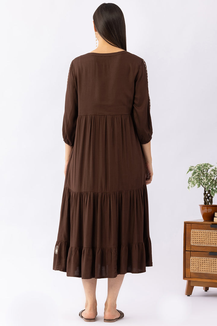 Embroidered Brown Moss Viscose Dress with Mandarin Collar &amp; 3/4 Sleeves