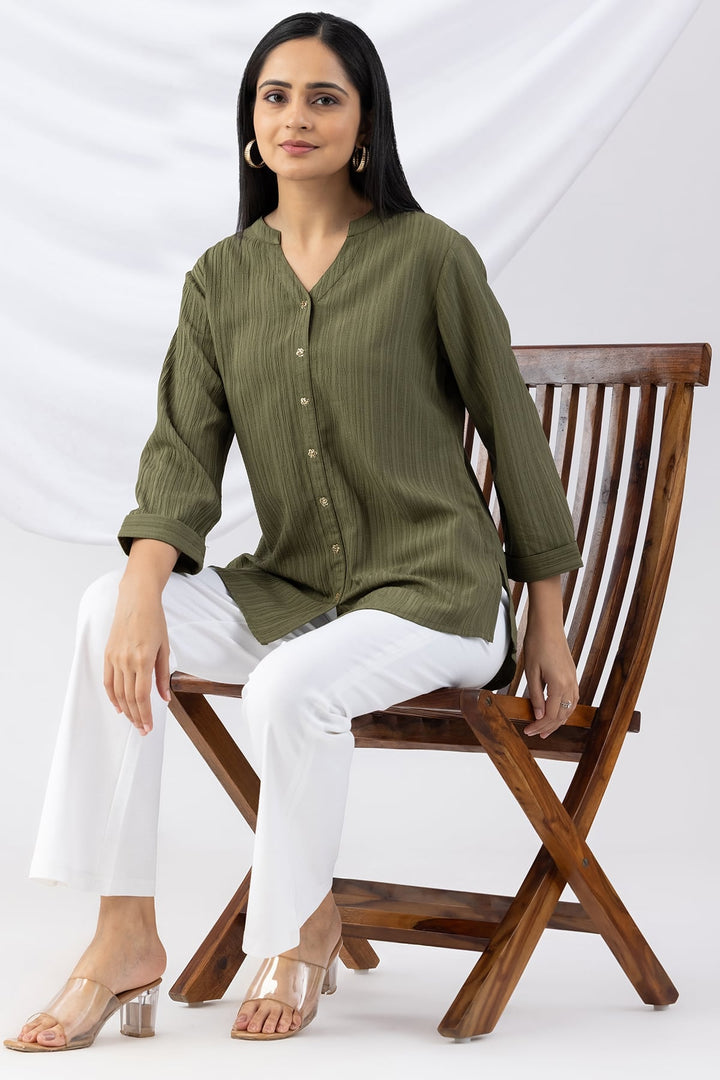 Sage Green Solid Crepe Dobby Shirt with Mandarin Collar