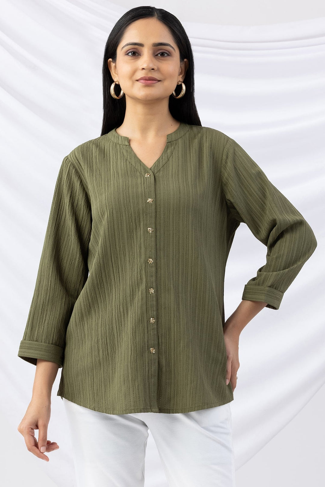 Sage Green Solid Crepe Dobby Shirt with Mandarin Collar