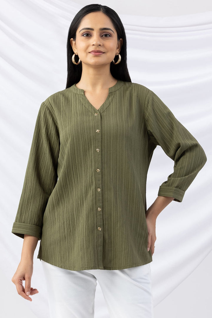 Sage Green Solid Crepe Dobby Shirt with Mandarin Collar