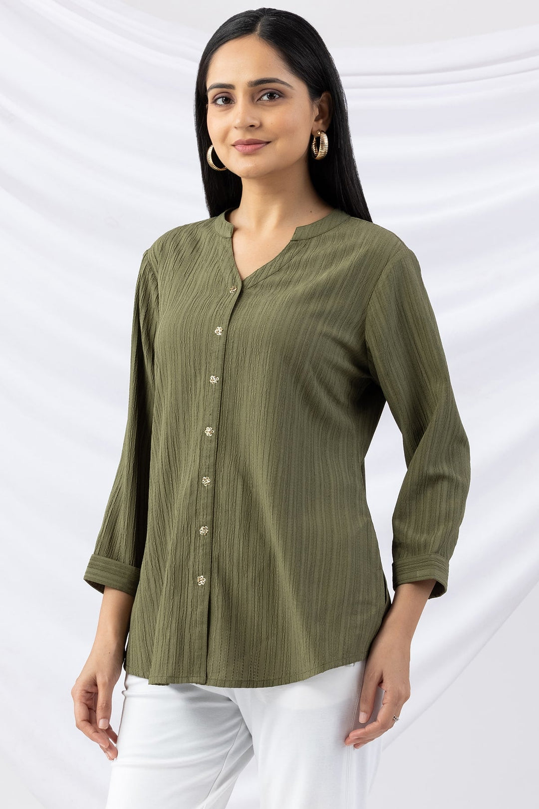 Sage Green Solid Crepe Dobby Shirt with Mandarin Collar