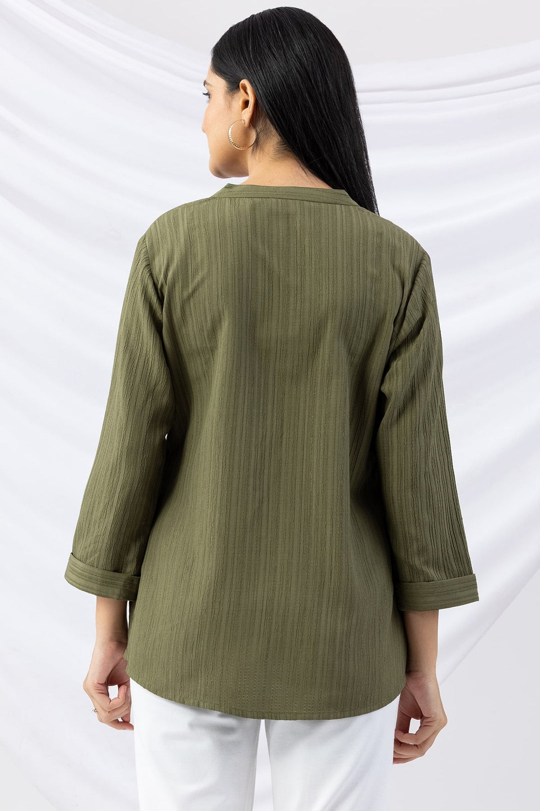 Sage Green Solid Crepe Dobby Shirt with Mandarin Collar