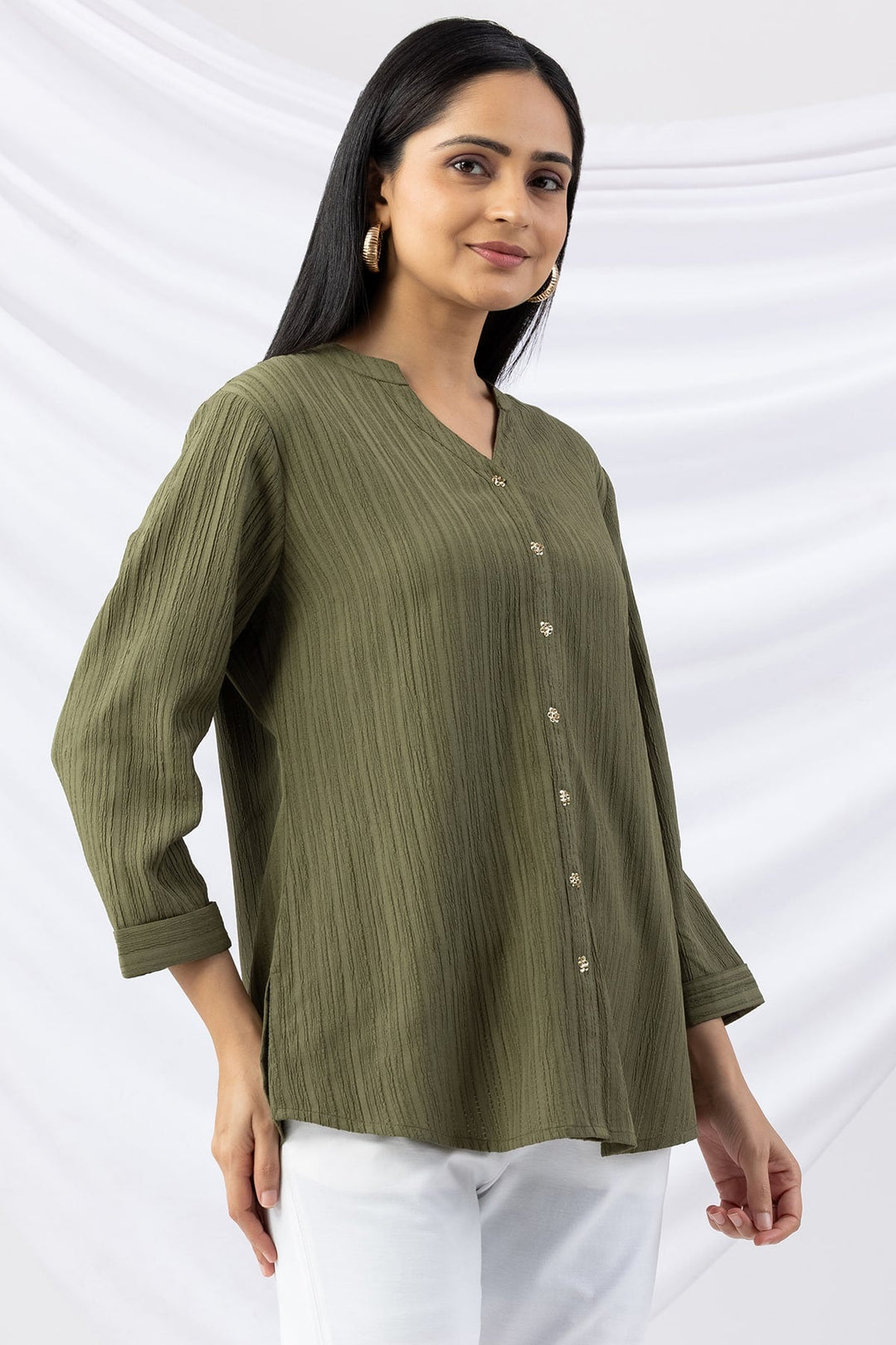 Sage Green Solid Crepe Dobby Shirt with Mandarin Collar