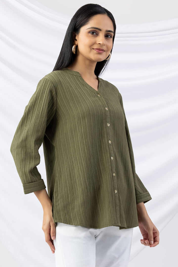 Sage Green Solid Crepe Dobby Shirt with Mandarin Collar