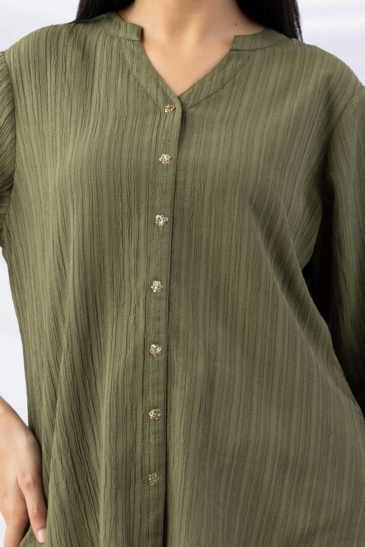 Sage Green Solid Crepe Dobby Shirt with Mandarin Collar