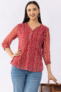 Printed Red Chiffon Top with V-Neck & 3/4 Sleeves
