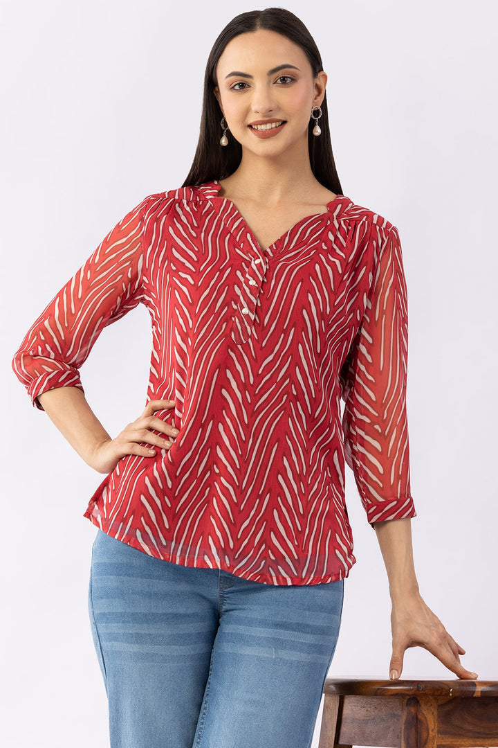 Printed Red Chiffon Top with V-Neck &amp; 3/4 Sleeves