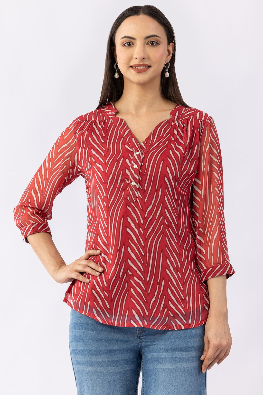 Printed Red Chiffon Top with V-Neck &amp; 3/4 Sleeves