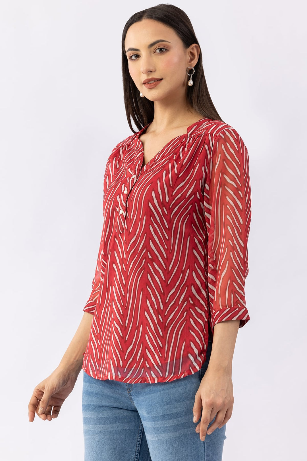 Printed Red Chiffon Top with V-Neck &amp; 3/4 Sleeves