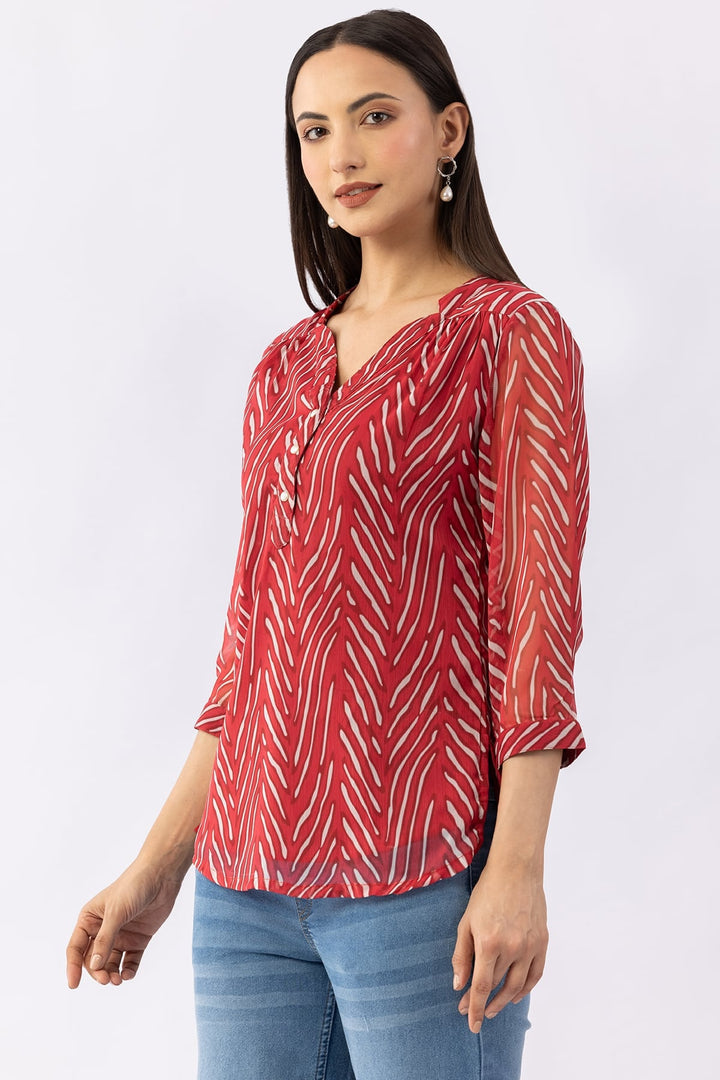 Printed Red Chiffon Top with V-Neck &amp; 3/4 Sleeves