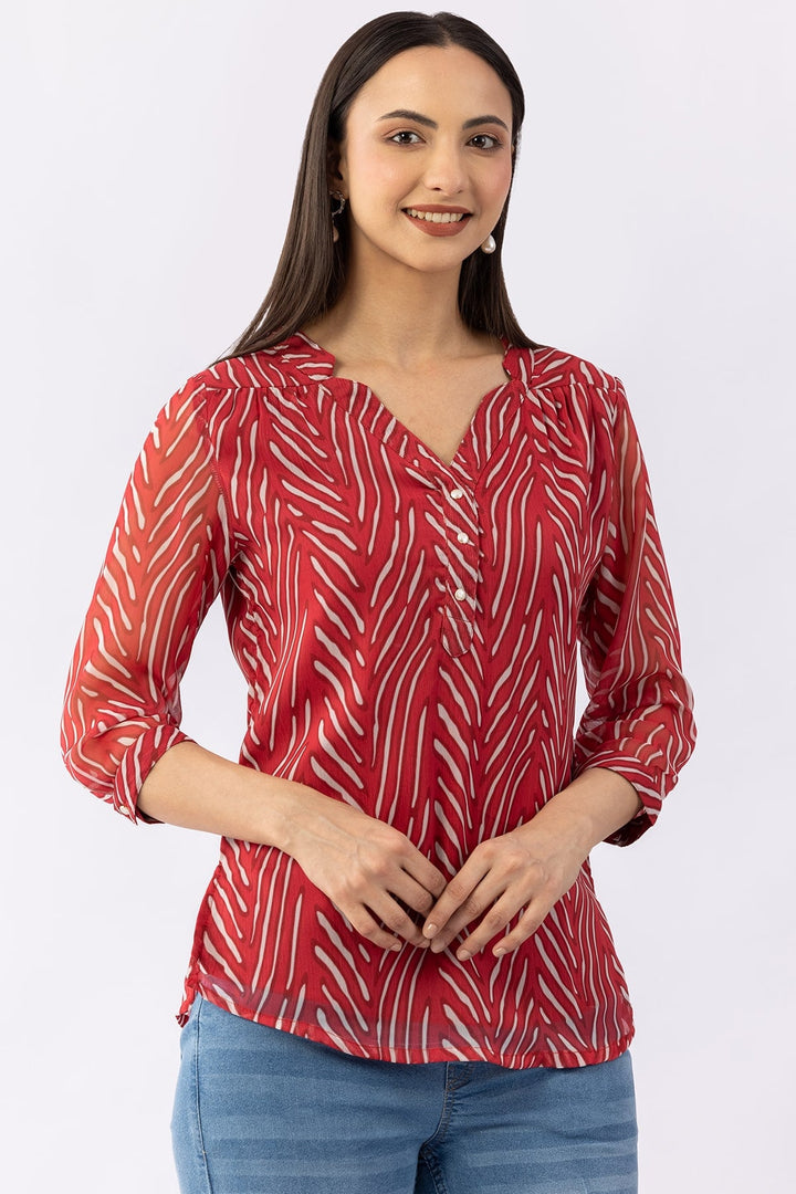 Printed Red Chiffon Top with V-Neck &amp; 3/4 Sleeves