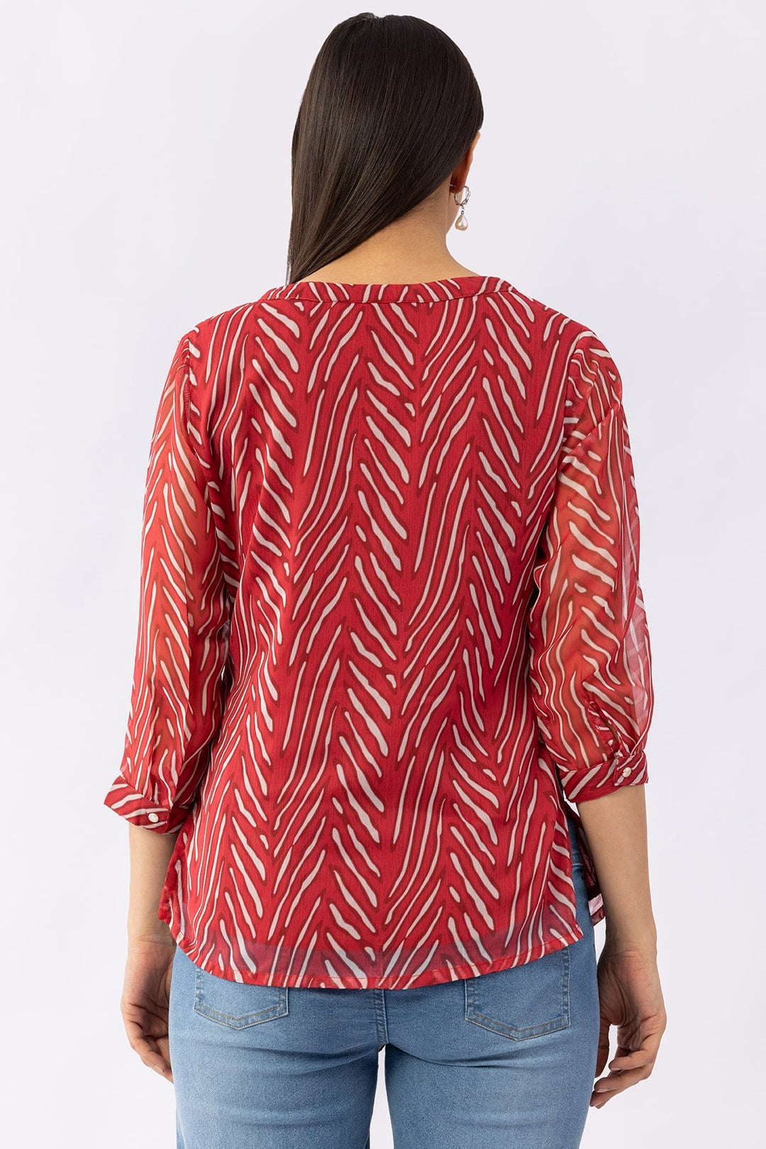 Printed Red Chiffon Top with V-Neck &amp; 3/4 Sleeves