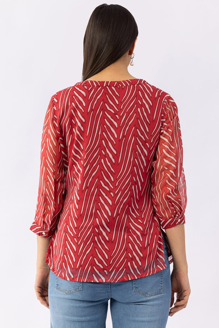 Printed Red Chiffon Top with V-Neck &amp; 3/4 Sleeves