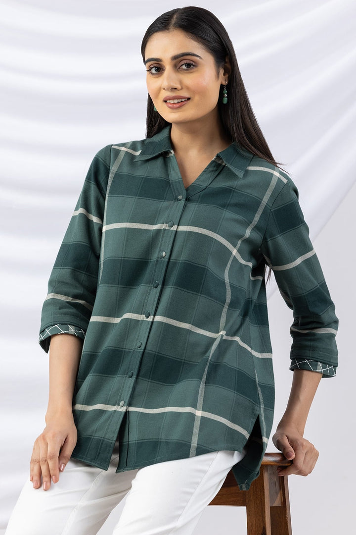 Checked Green Viscose Brushed Tencel Twill Winter Shirt