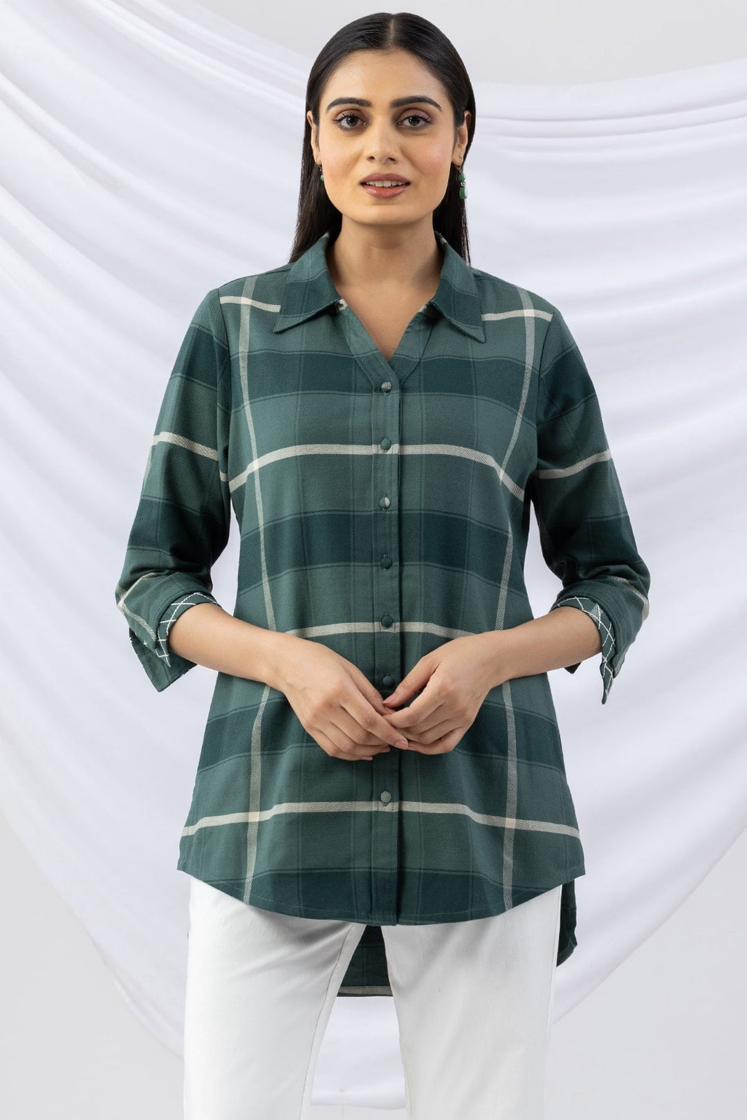 Checked Green Viscose Brushed Tencel Twill Winter Shirt