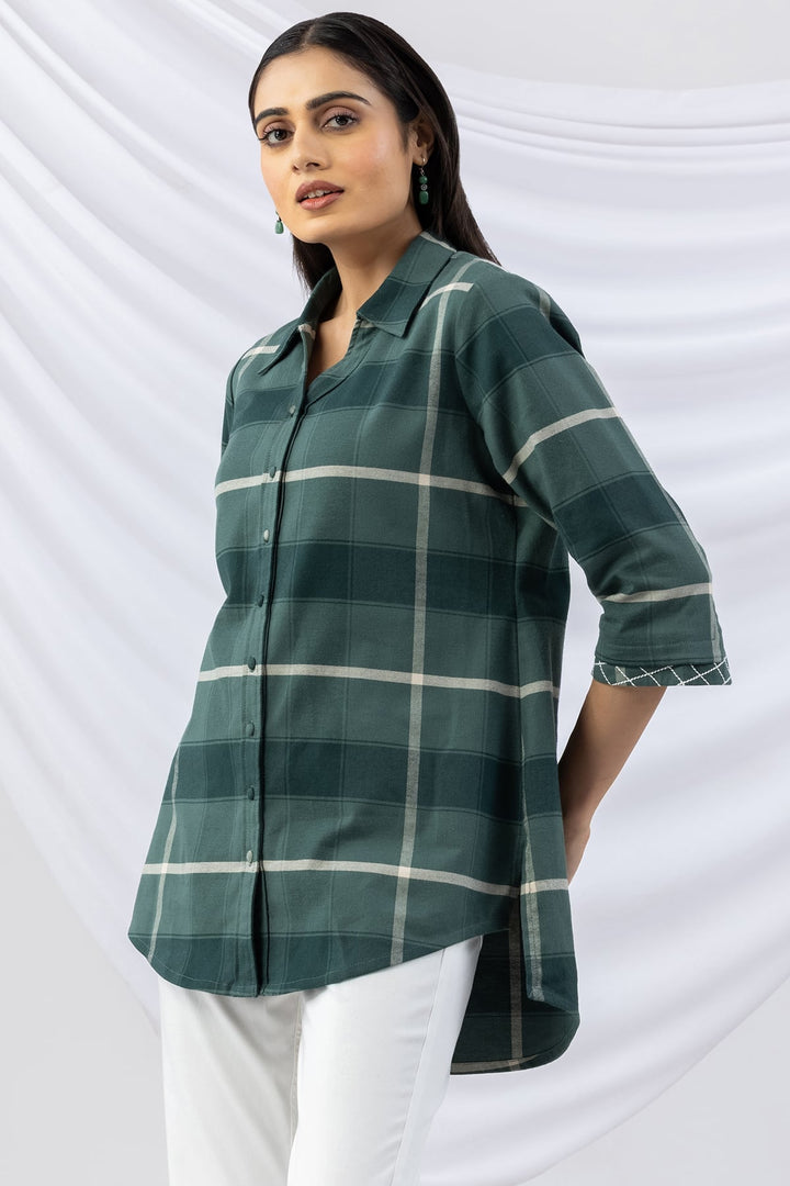 Checked Green Viscose Brushed Tencel Twill Winter Shirt