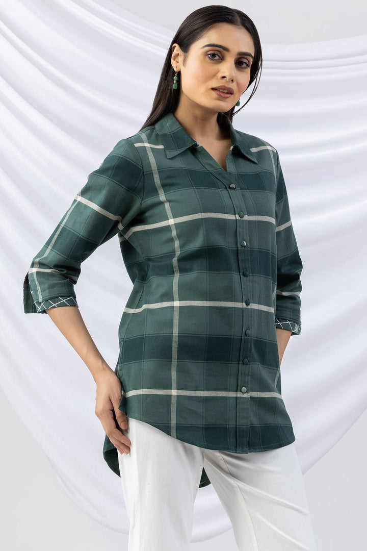 Checked Green Viscose Brushed Tencel Twill Winter Shirt