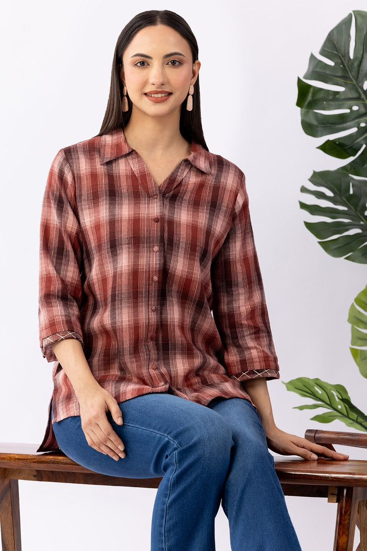 Rust Pink Checked Viscose Brushed Twill Shirt with Collared Neck &amp; 3/4 Sleeves
