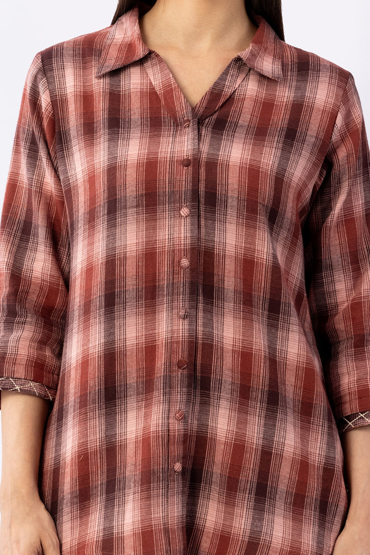 Rust Pink Checked Viscose Brushed Twill Shirt with Collared Neck &amp; 3/4 Sleeves