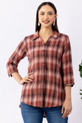 Rust Pink Checked Viscose Brushed Twill Shirt with Collared Neck & 3/4 Sleeves