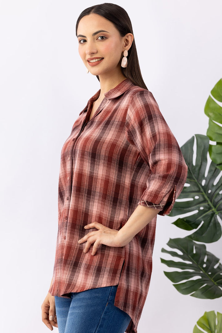 Rust Pink Checked Viscose Brushed Twill Shirt with Collared Neck &amp; 3/4 Sleeves