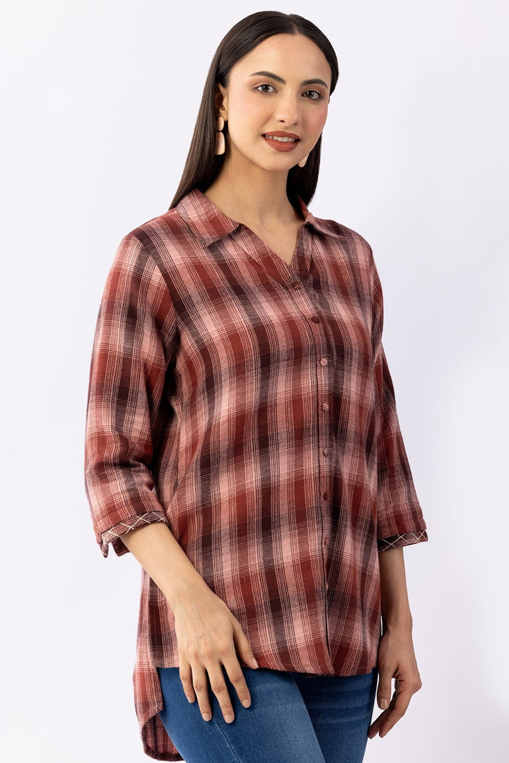 Rust Pink Checked Viscose Brushed Twill Shirt with Collared Neck &amp; 3/4 Sleeves