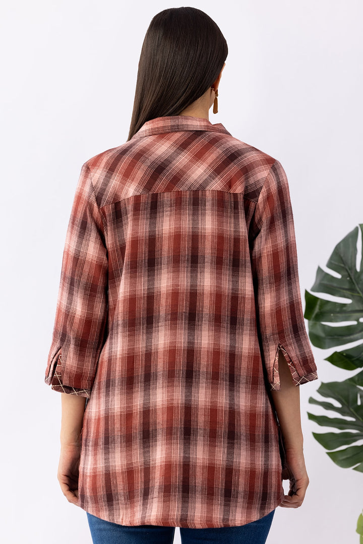 Rust Pink Checked Viscose Brushed Twill Shirt with Collared Neck &amp; 3/4 Sleeves