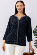 Embroidered Blue Viscose Calci Crepe Shirt with Round Neck & 3/4 Sleeves