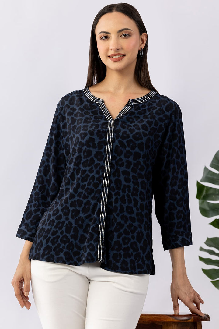 Embroidered Blue Viscose Calci Crepe Shirt with Round Neck &amp; 3/4 Sleeves