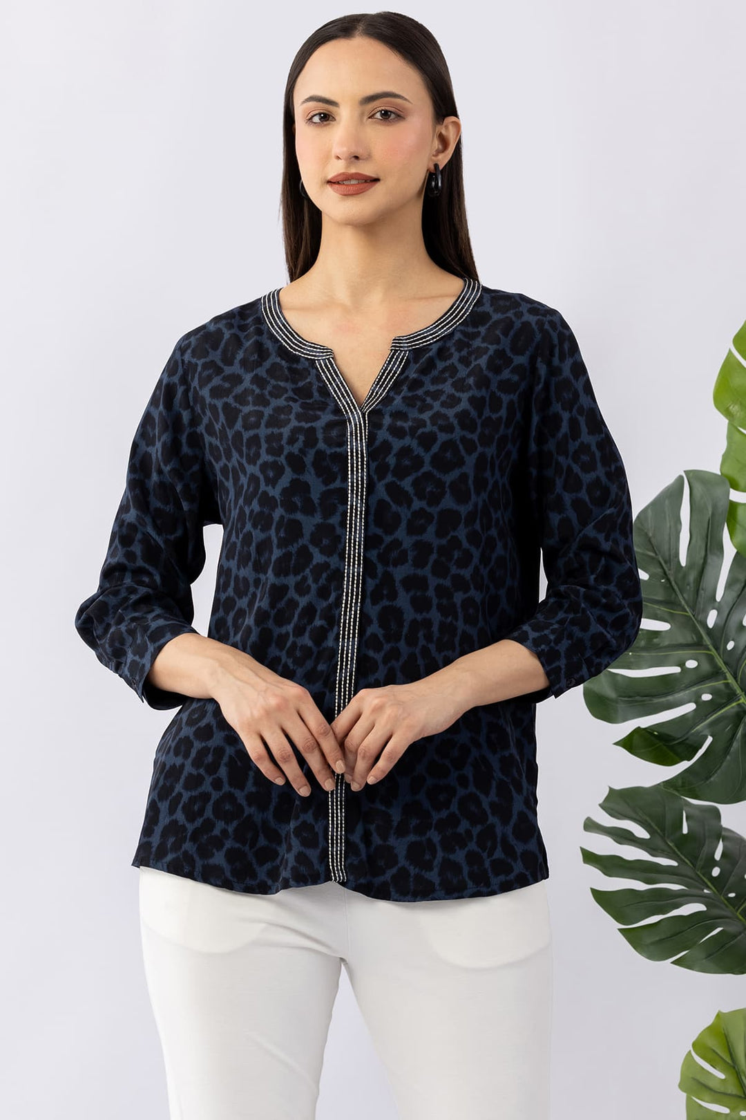 Embroidered Blue Viscose Calci Crepe Shirt with Round Neck &amp; 3/4 Sleeves
