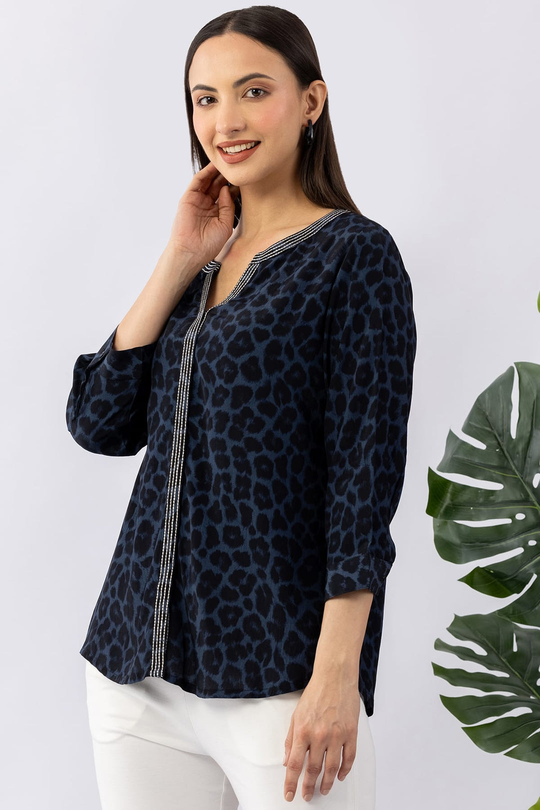 Embroidered Blue Viscose Calci Crepe Shirt with Round Neck &amp; 3/4 Sleeves