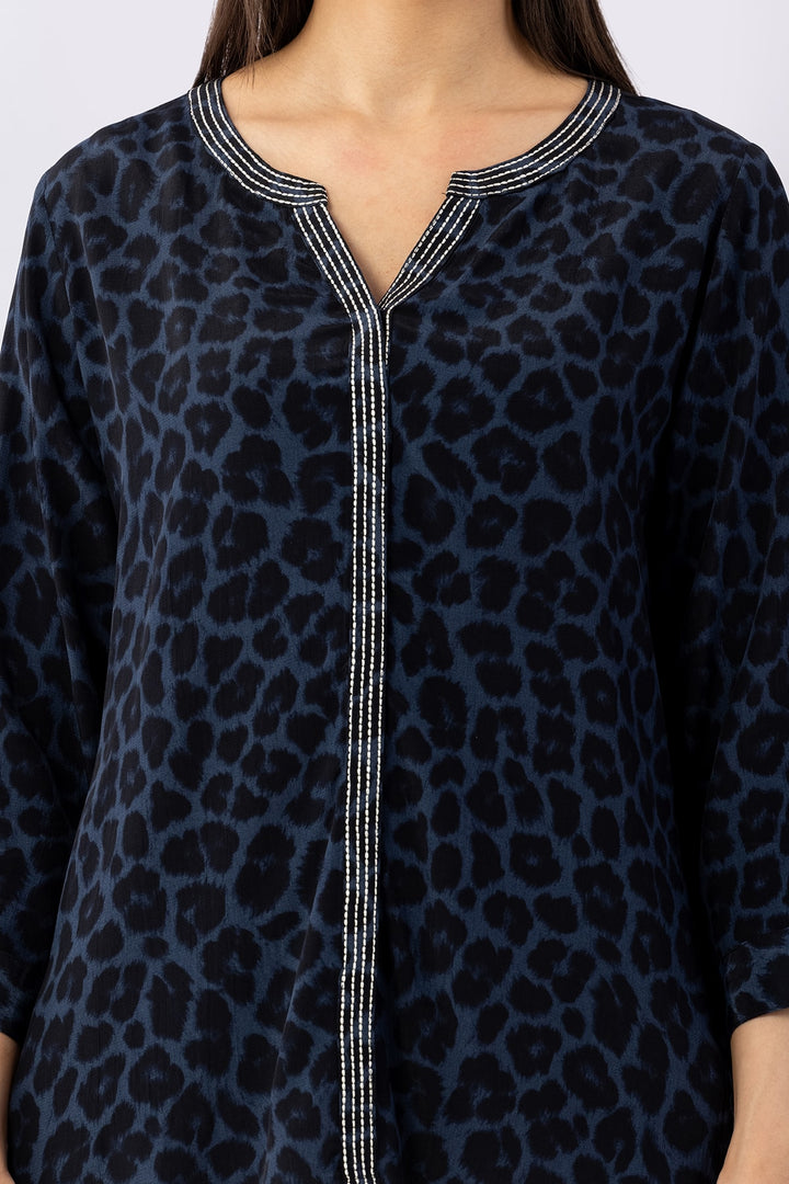 Embroidered Blue Viscose Calci Crepe Shirt with Round Neck &amp; 3/4 Sleeves