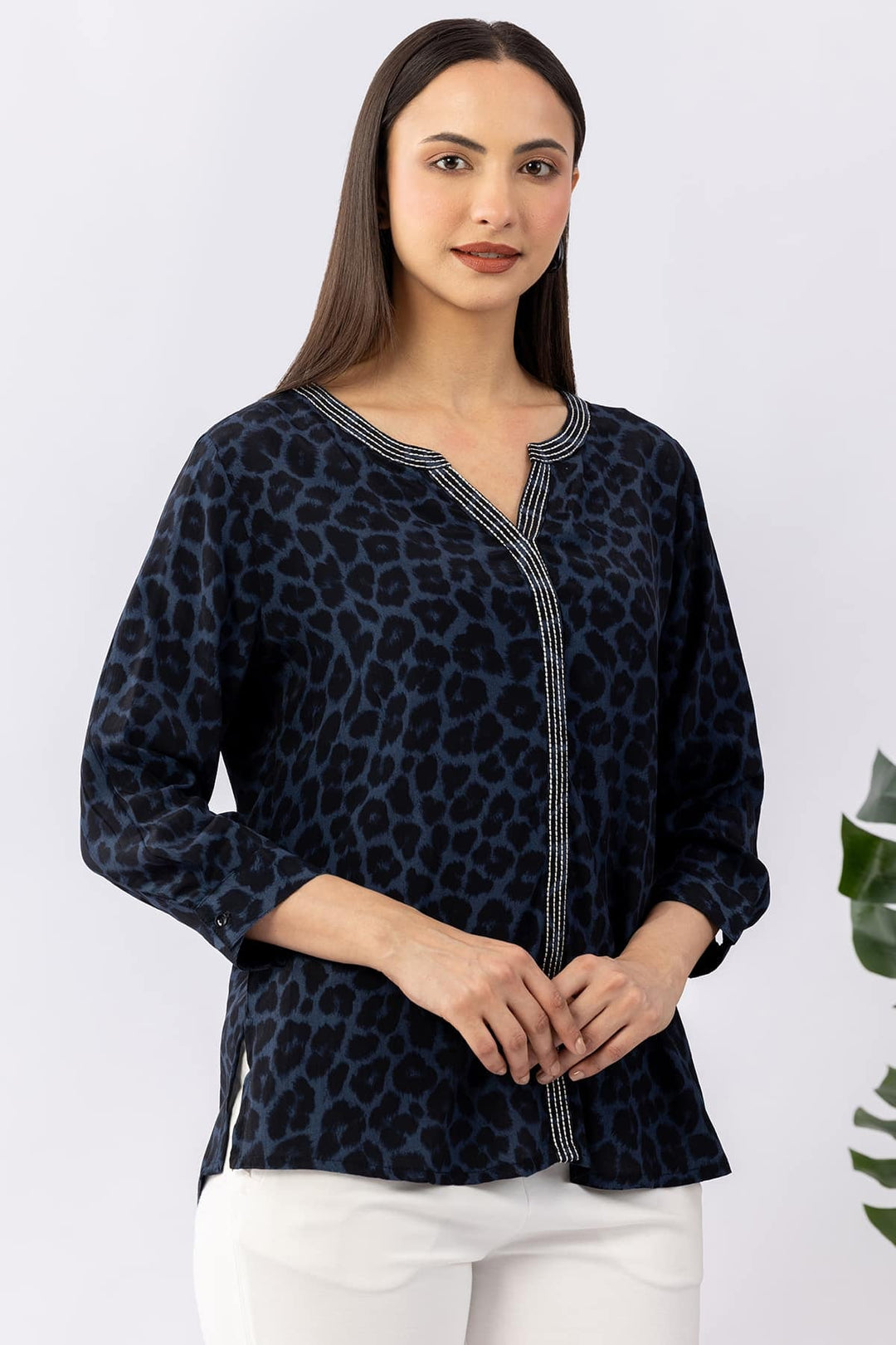 Embroidered Blue Viscose Calci Crepe Shirt with Round Neck &amp; 3/4 Sleeves