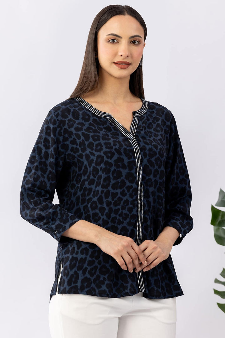 Embroidered Blue Viscose Calci Crepe Shirt with Round Neck &amp; 3/4 Sleeves