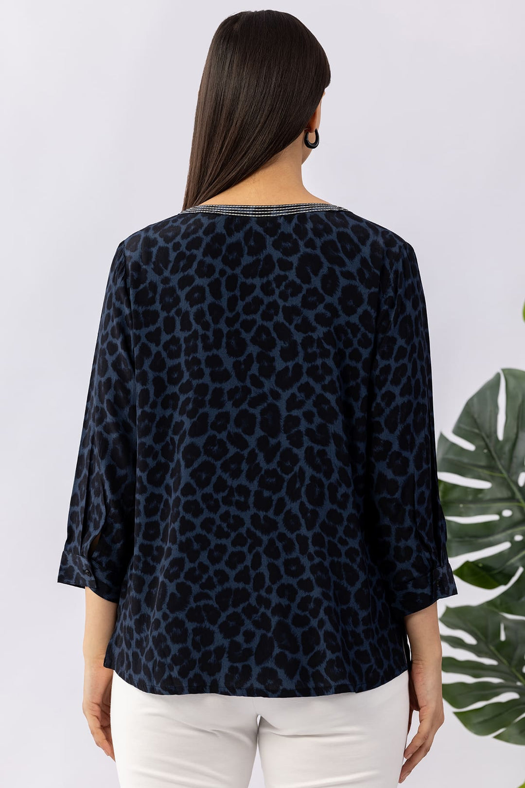 Embroidered Blue Viscose Calci Crepe Shirt with Round Neck &amp; 3/4 Sleeves