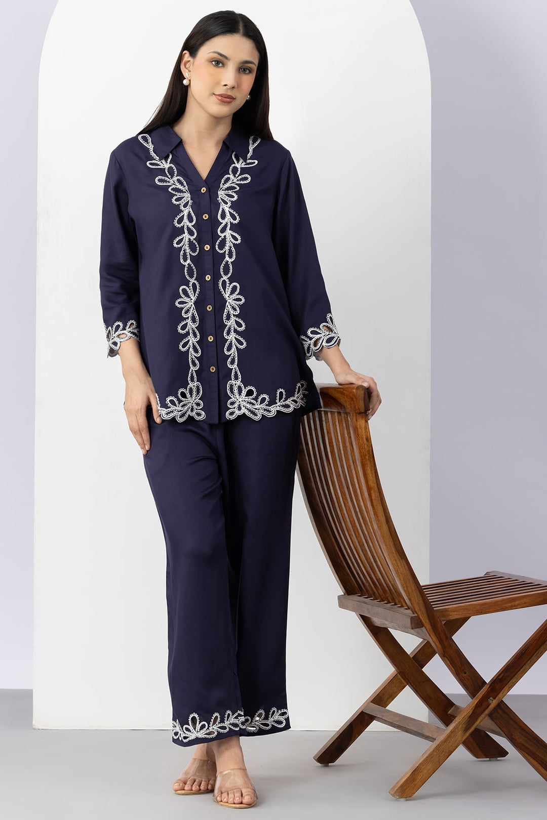 co ord set for women navy embroidered tencel twill collared shirt 3/4 sleeves