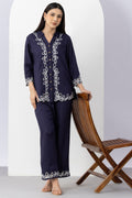 co ord set for women navy embroidered tencel twill collared shirt 3/4 sleeves