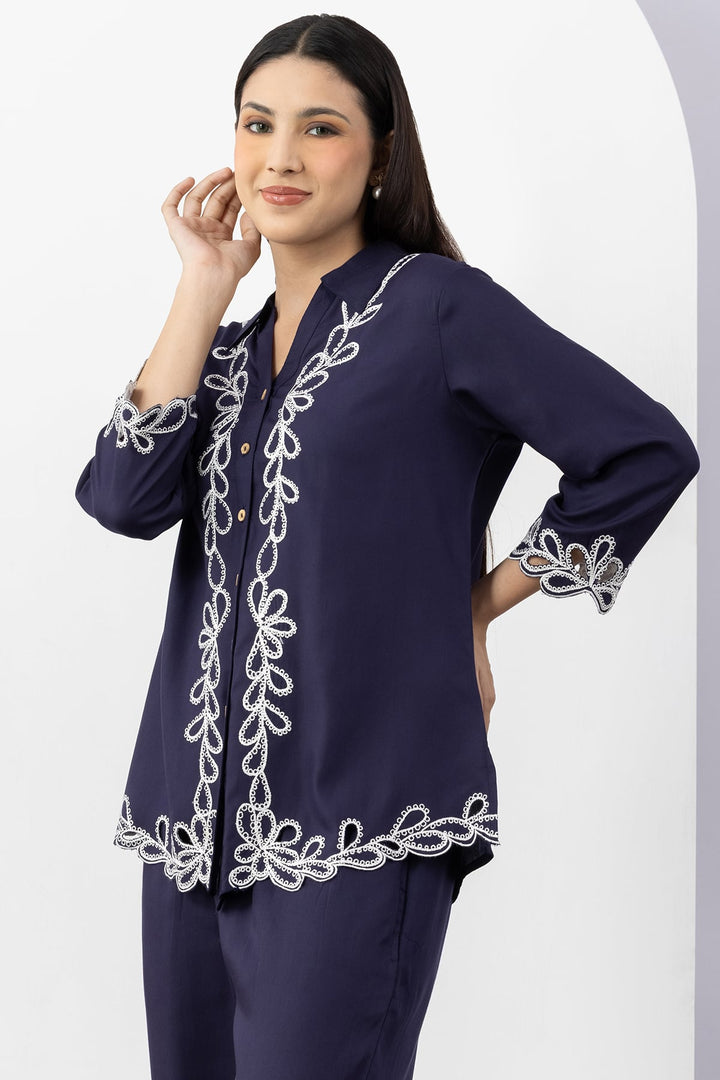 co ord set for women navy embroidered tencel twill collared shirt 3/4 sleeves