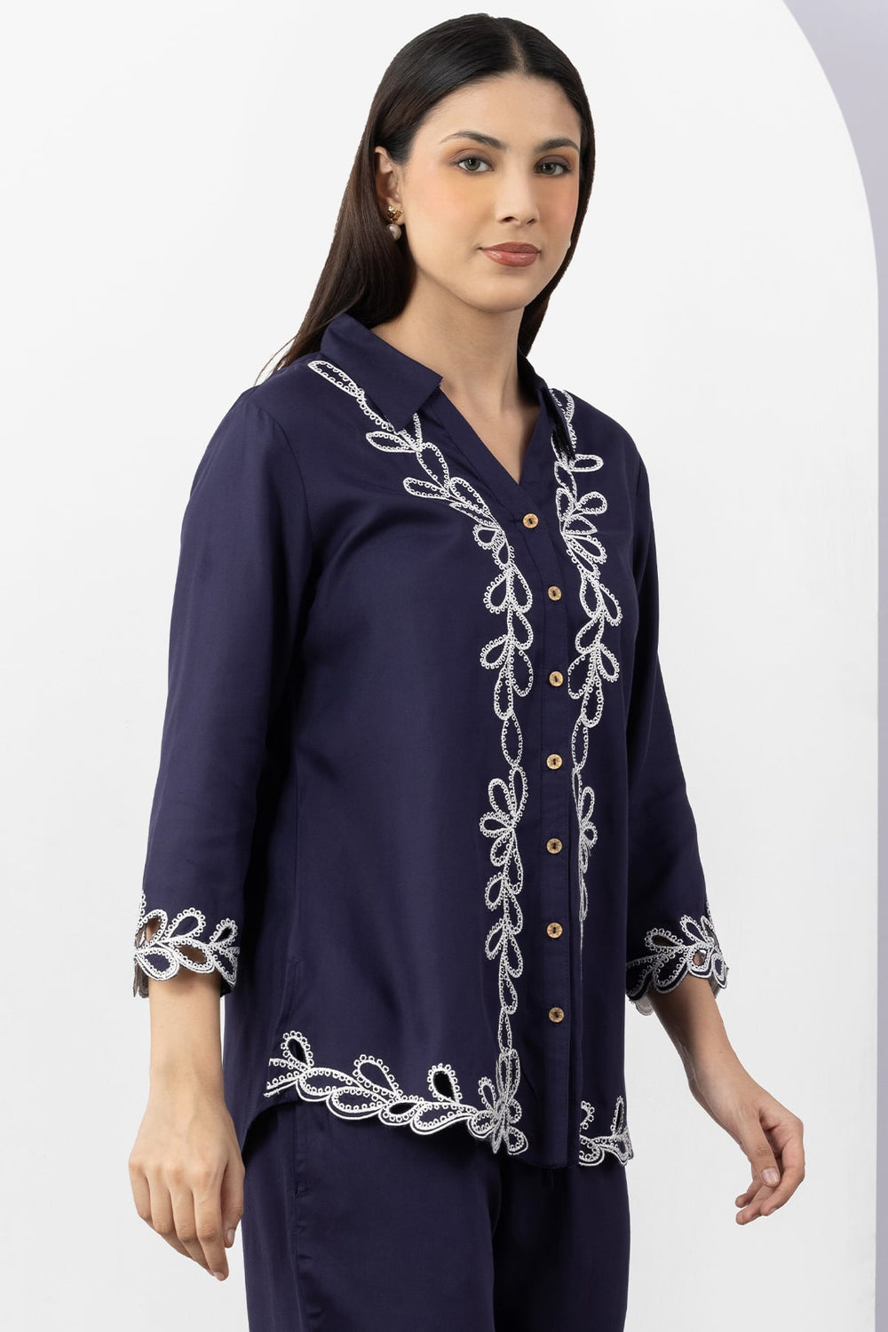 co ord set for women navy embroidered tencel twill collared shirt 3/4 sleeves
