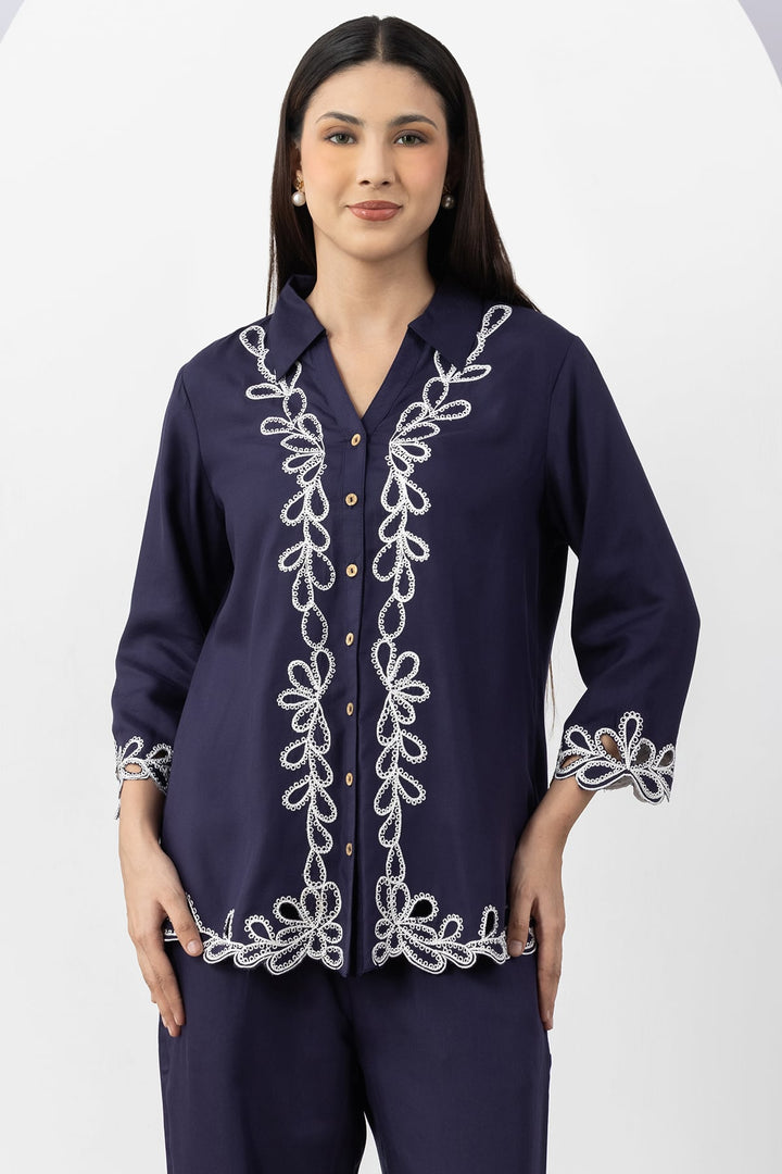 co ord set for women navy embroidered tencel twill collared shirt 3/4 sleeves