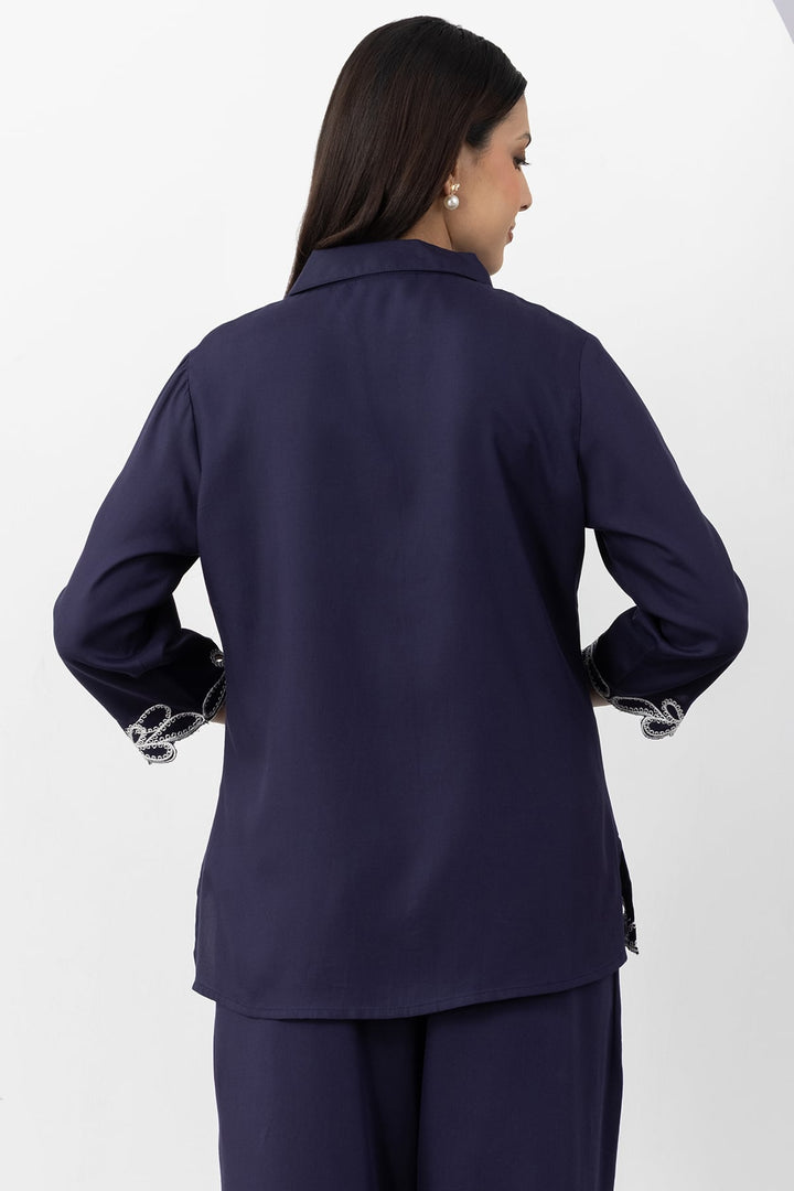 co ord set for women navy embroidered tencel twill collared shirt 3/4 sleeves