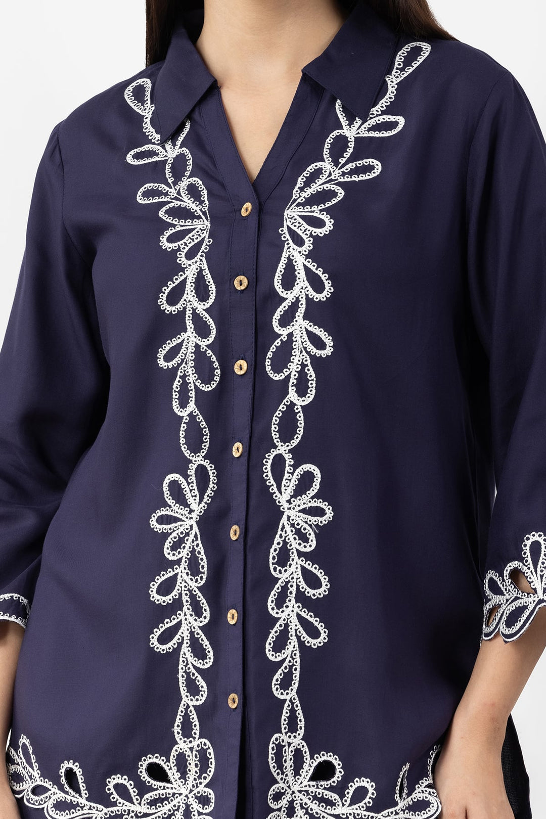 co ord set for women navy embroidered tencel twill collared shirt 3/4 sleeves