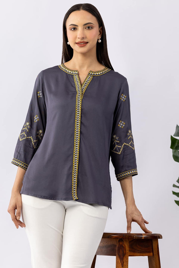 Embroidered Grey Viscose Shirt with Round Neck &amp; 3/4 Sleeves