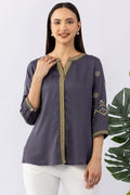 Embroidered Grey Viscose Shirt with Round Neck & 3/4 Sleeves